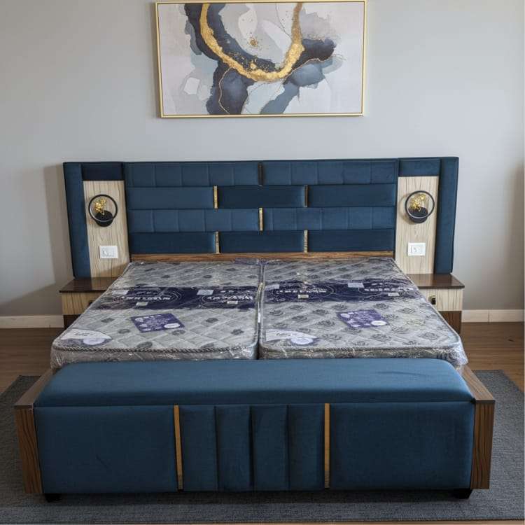 Deep Blue Premium King Size Bed with Designerr Headboard and Storage